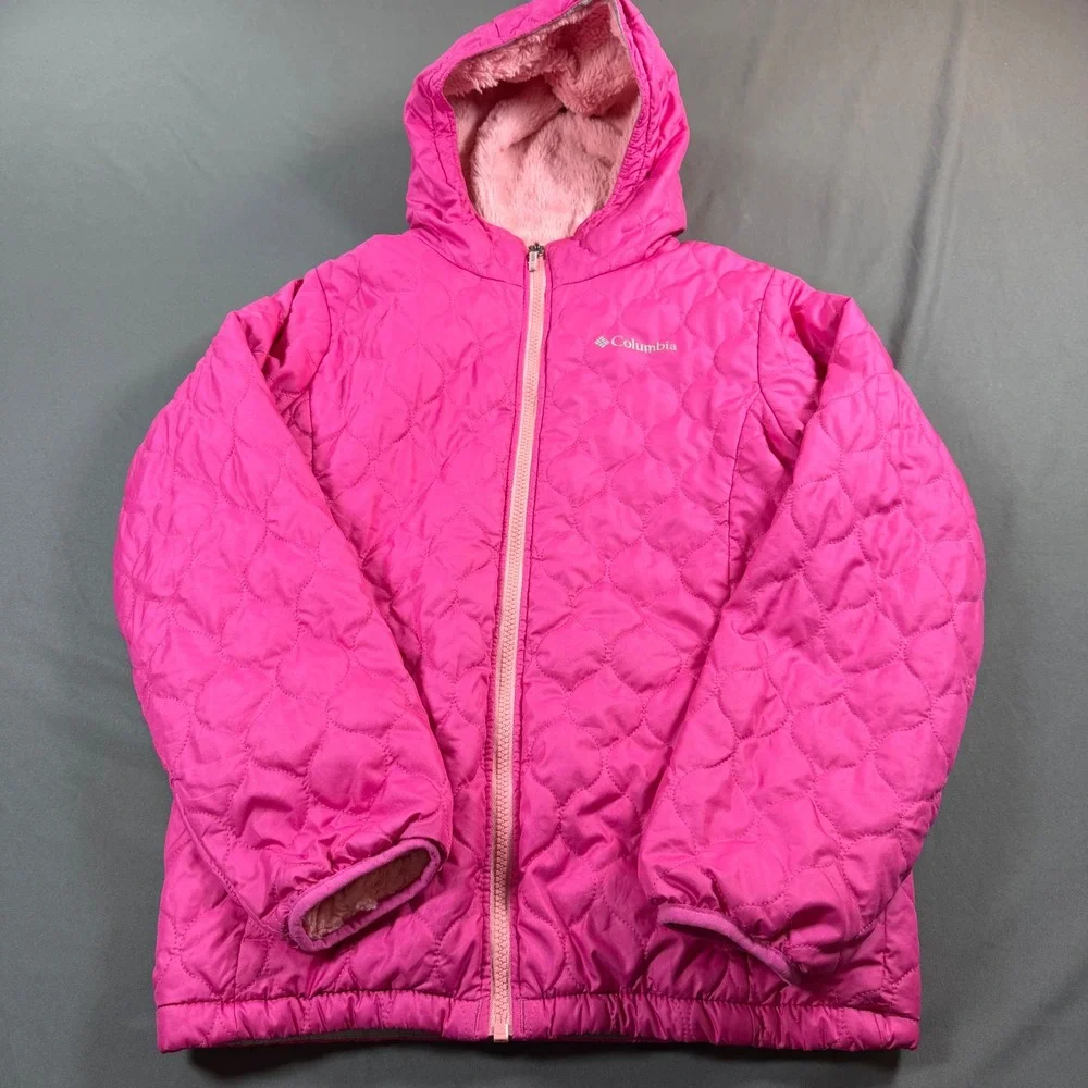 Columbia Girls Pink Quilted Hooded Jacket Fleece Lined Size L 14/16